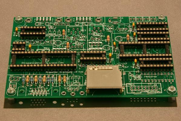 A PCB fitted with low profile components such as chip sockets and an SD card slot