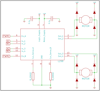 Typical application circuit for L298 as a dual H-bridge for DC motors