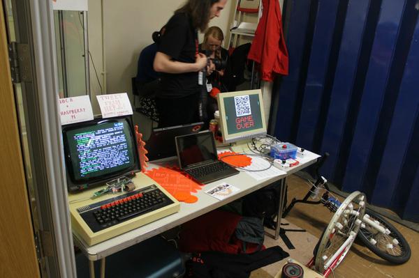 The Bristol Hackspace stand, featuring my VGA pong game and Barney's TwitBeeb