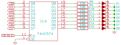 Schematic of the debug port, basically just an 8 bit latch with some LEDs