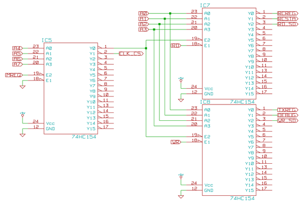 Schematic of the IO decode logic, made of three cascaded 4 to 16 line decoders.